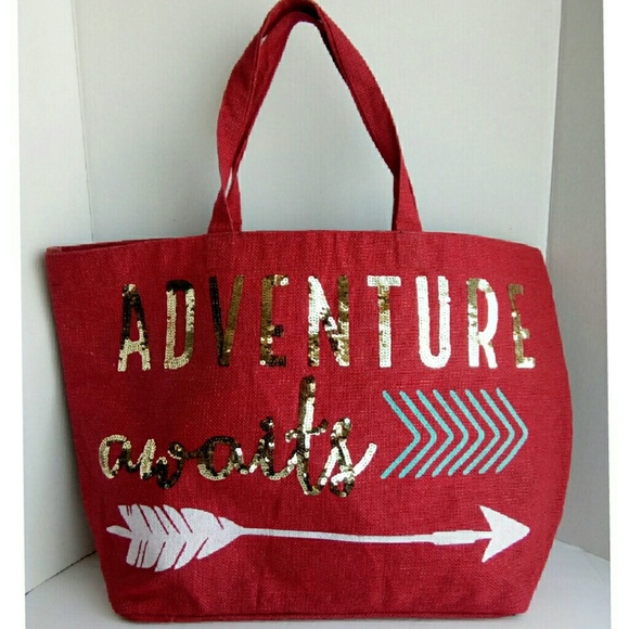 Olive & Hill Adventure awaits red burlap tote - Picture 1 of 7